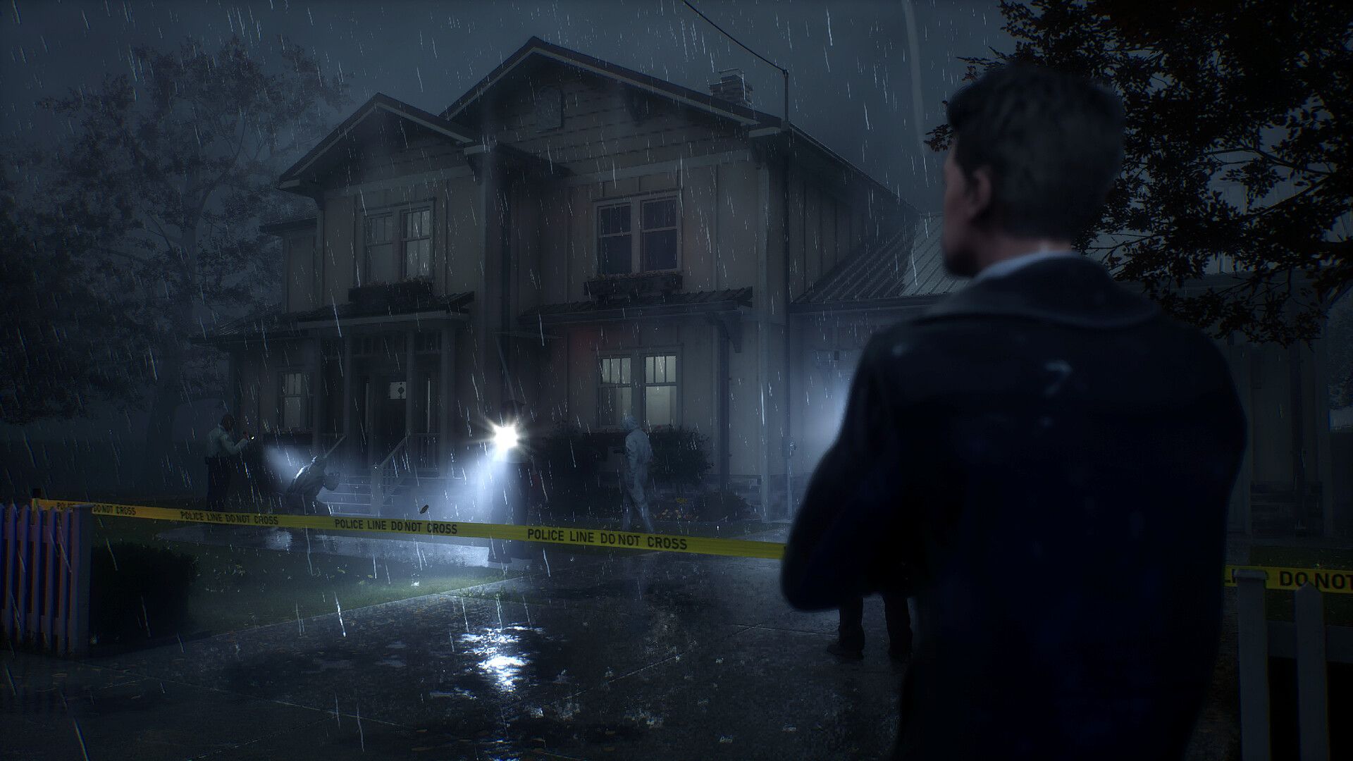 The detective arrives at the rain-soaked house while police secure the crime scene.