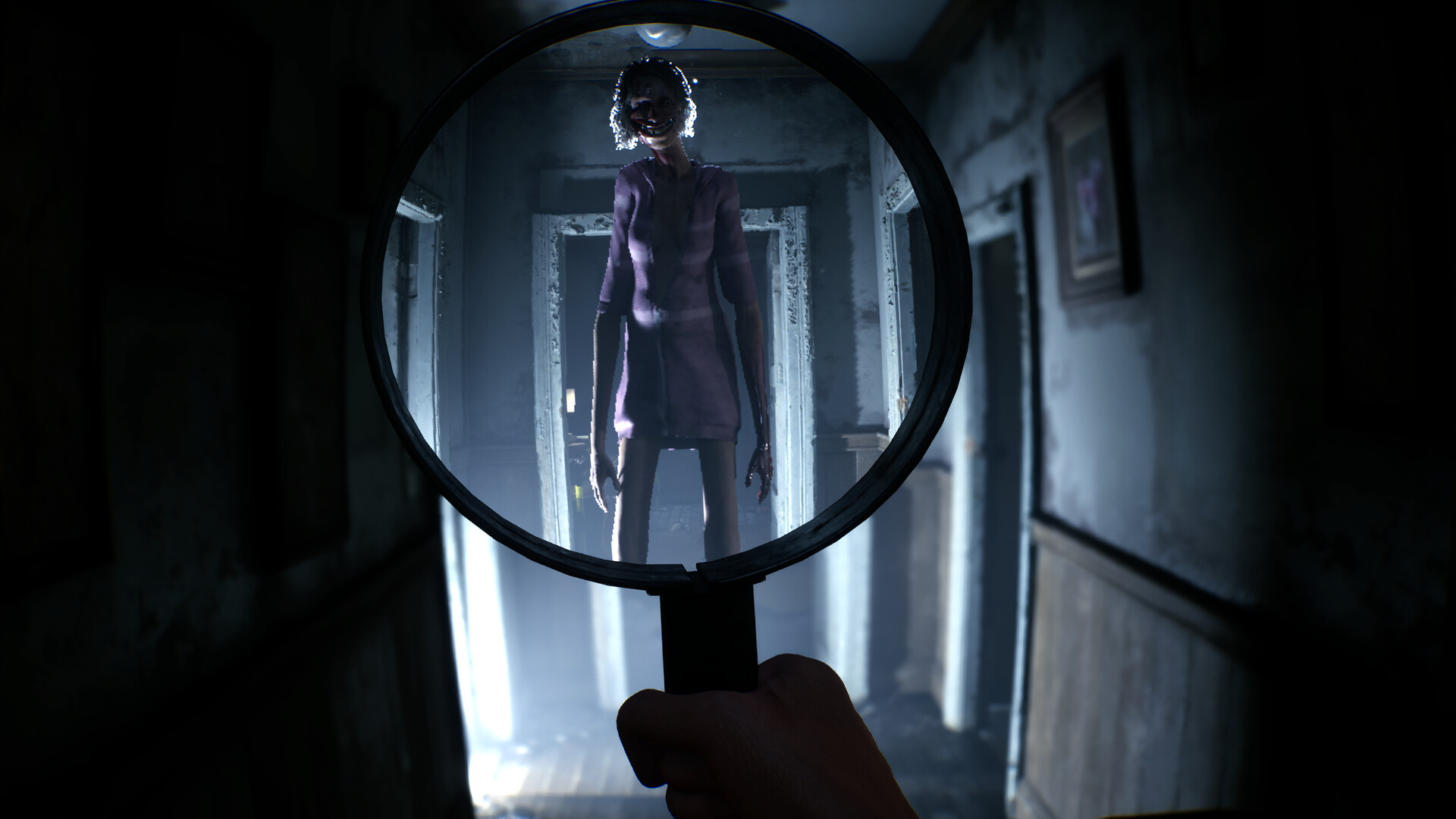 A paranormal figure appears inside the magnifying glass while the hallway outside the lens looks empty.