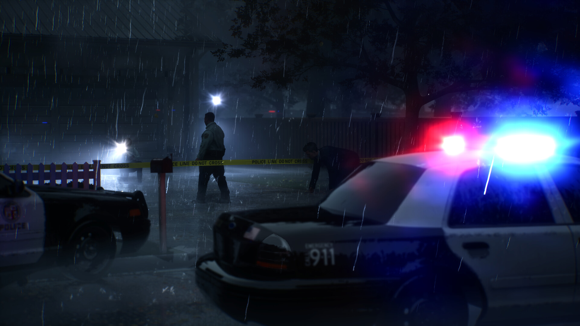 Police work behind the crime-scene tape outside the house.