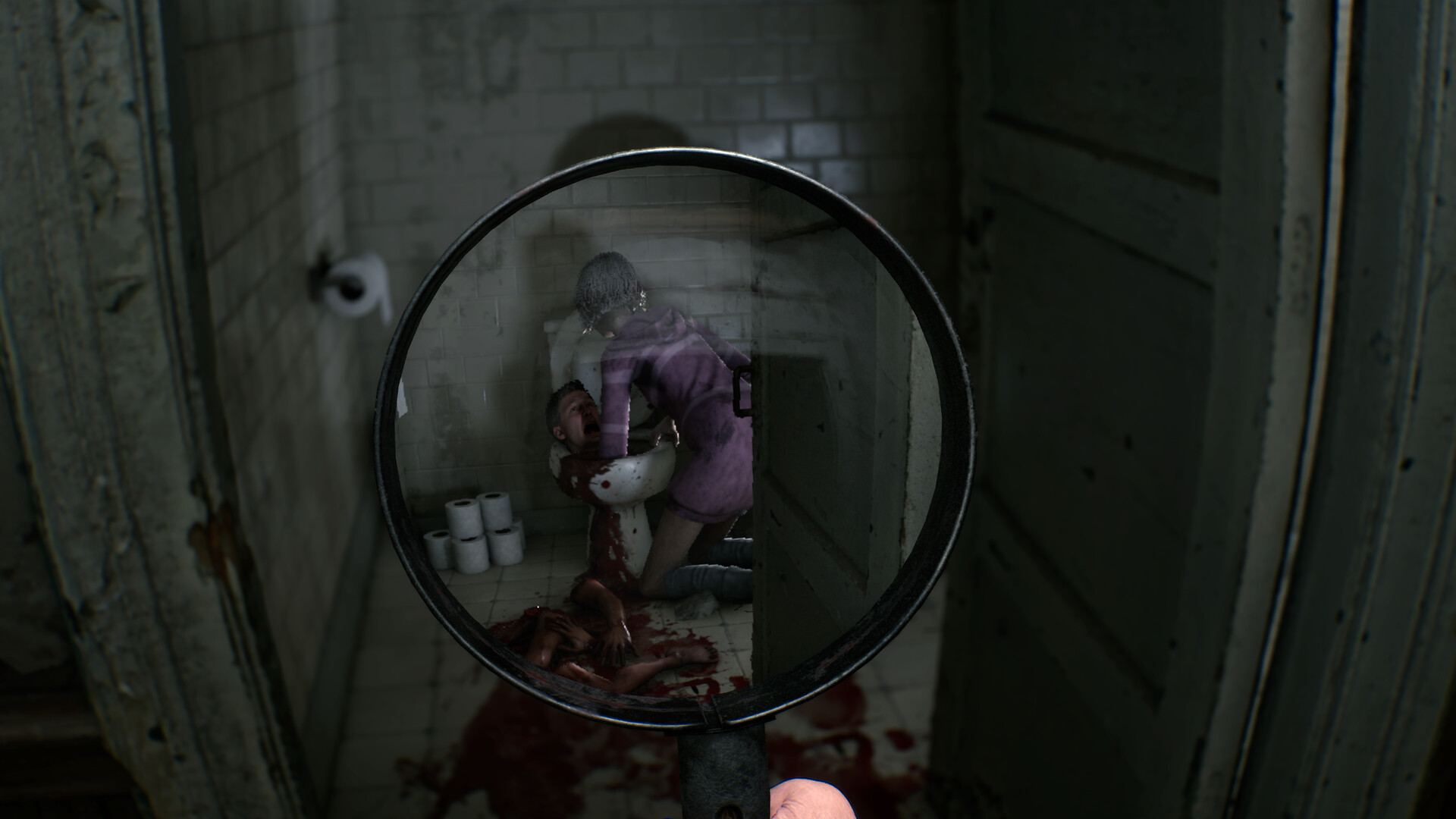 The magnifying glass reveals a violent event layered over the present-day bathroom.